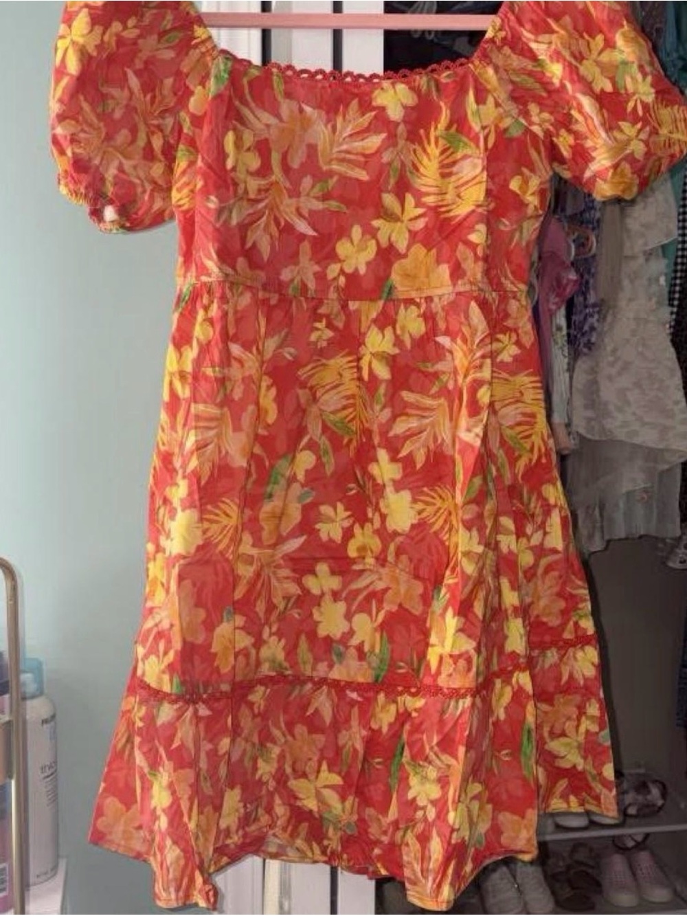 Umgee Coral-Red Mini Dress with Yellow Floral Print
